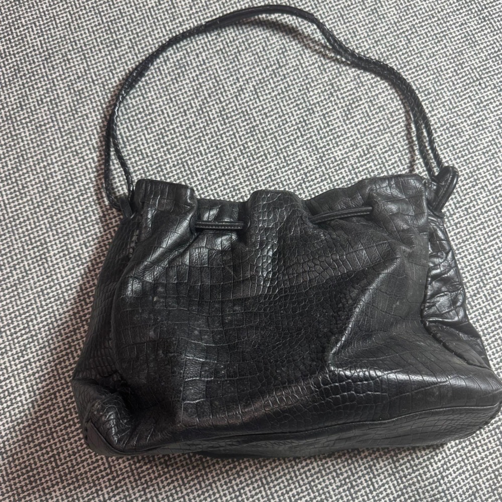 Cerruti 1881 Black Croc Embossed Leather Drawstring Shoulder Bag Italy